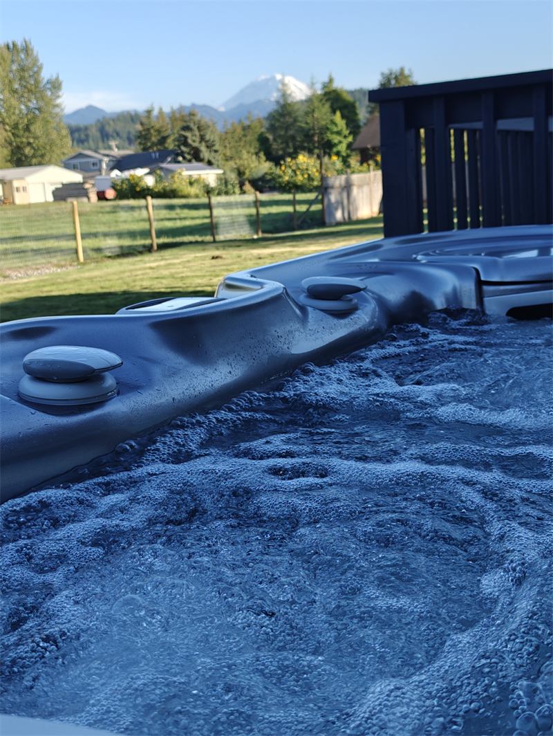 Clean hot tub in a customer's backyard with sunflowers and Mount Rainier in the distance
