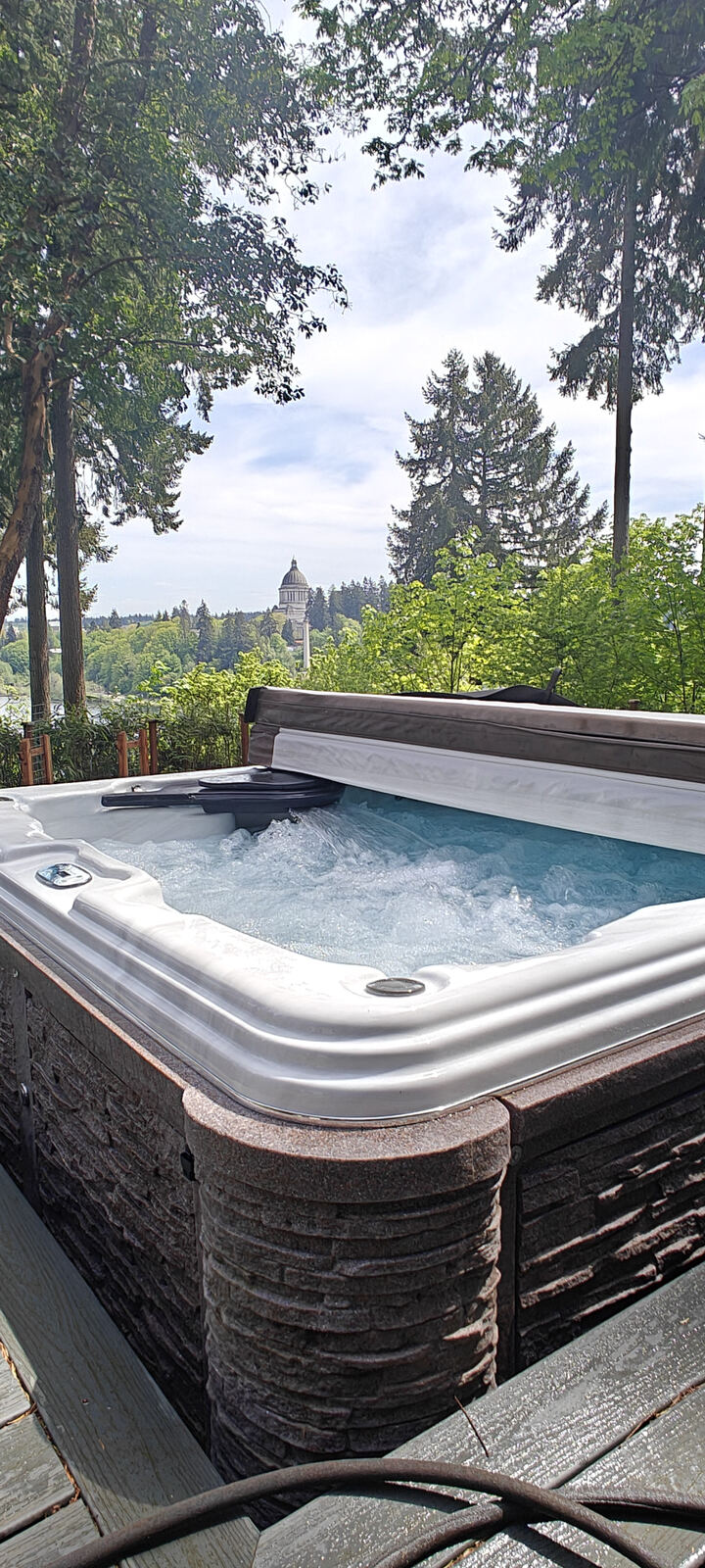 Strong Spa with crystal clear water maintained by Hot Tub Shine, Washington State Capitol in the distance