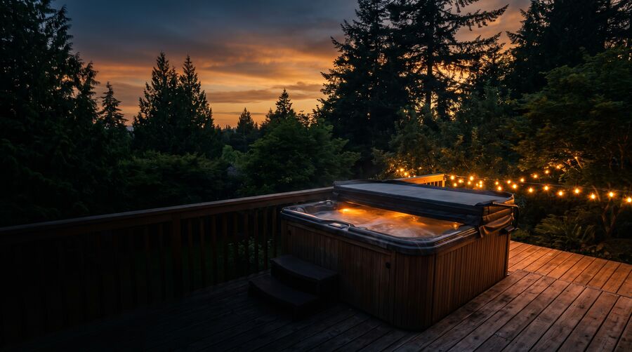 Illustration of a backyard hot tub at dusk, not a real specific property